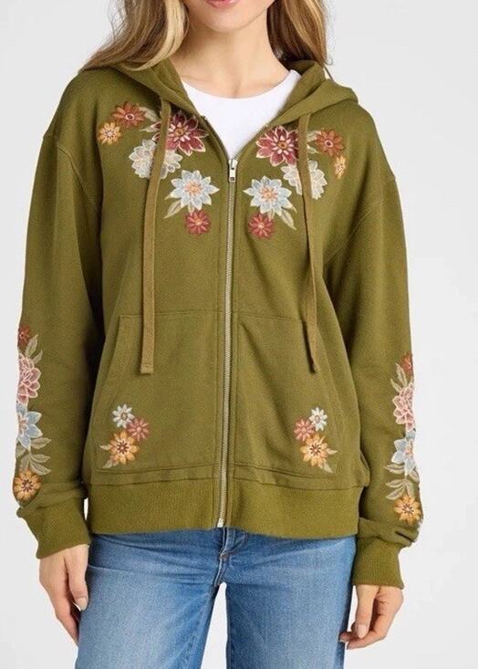 DRIFTWOOD Sweaters - Driftwood Hoodie Women's Large Neptune Olive Green Floral Embroidered Zip Up